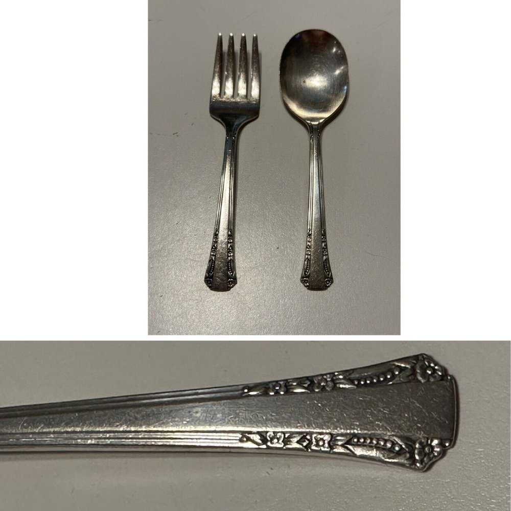 Vtg Elaine Baby Childs Spoon & Fork Set Silver-plate Silverware Eating Nursery